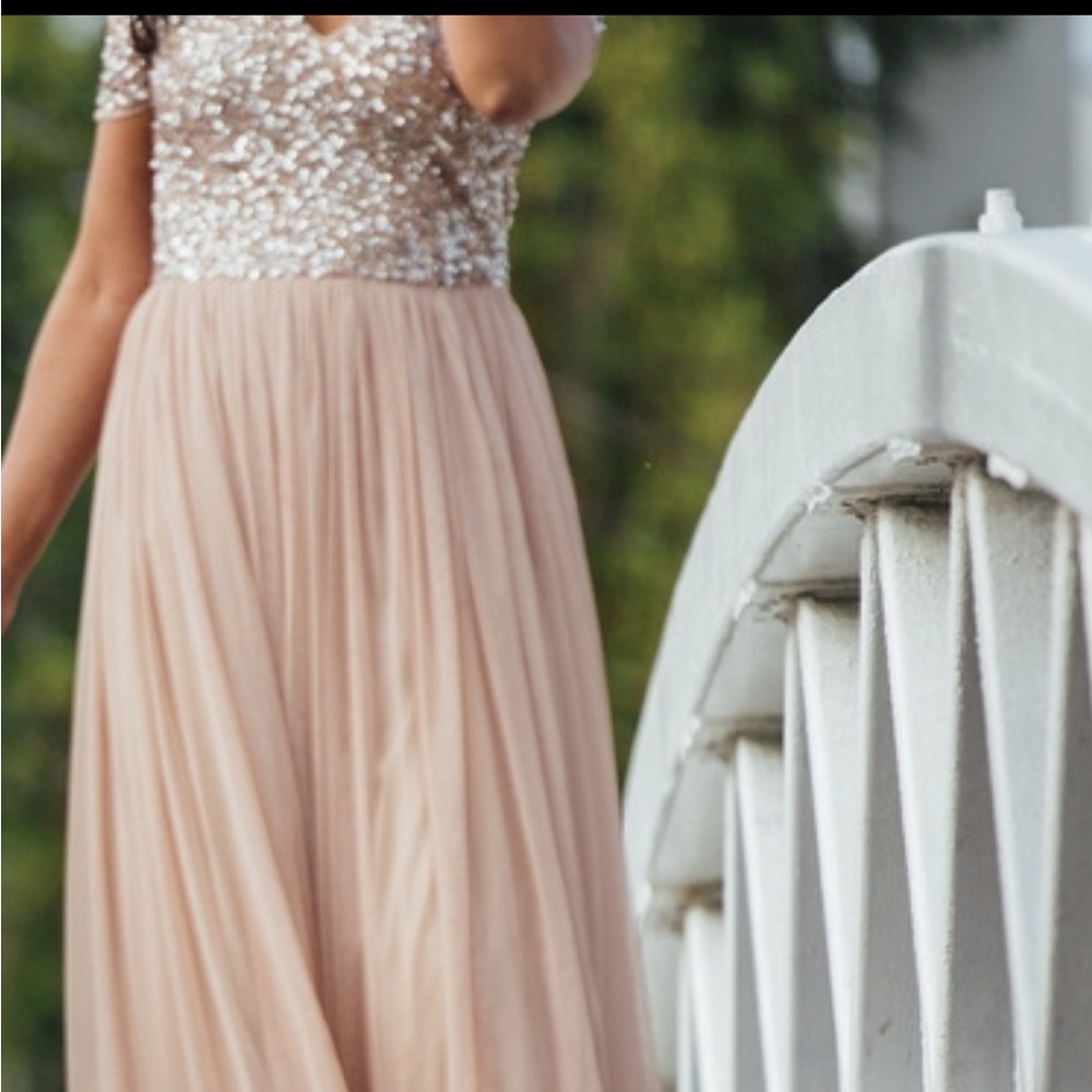 Maya V Neck Maxi Tulle Dress with Tonal Delicate Sequins - Taupe blush / US 2